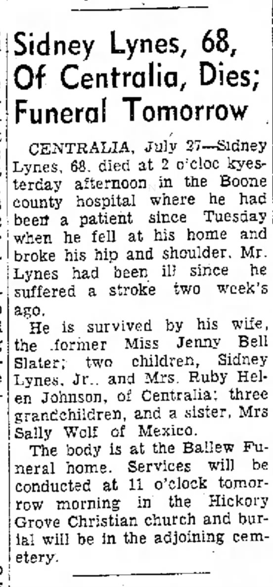 Sidney Jackson Lynes newspaper obituary