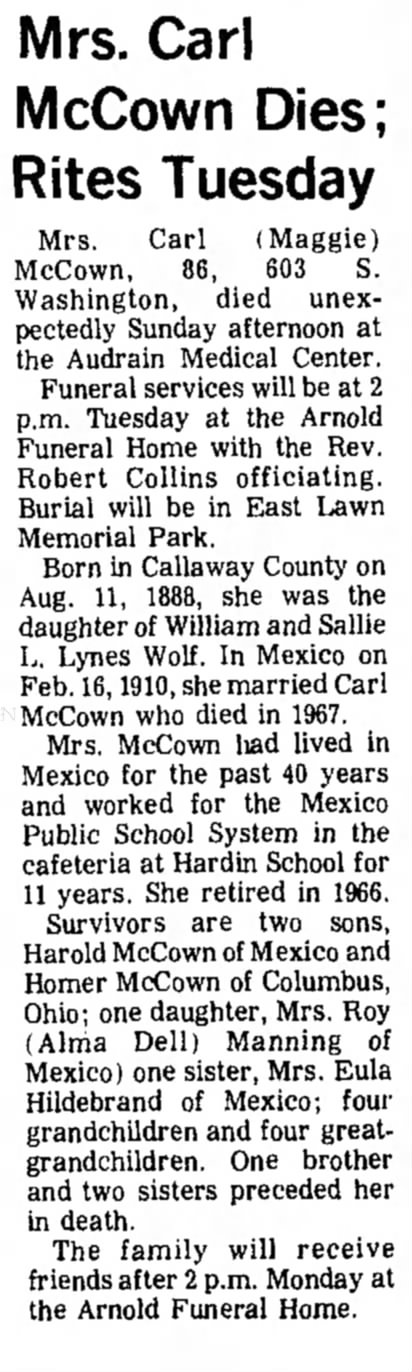 Maggie L (Wolf) McCown newspaper obituary