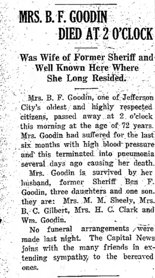 Elizabeth "Bettie" Sallee Wiggs Goodin newspaper obituary