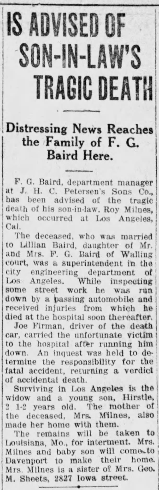 Newspaper report of Mr. Baird son-in-law Roy Milnes death