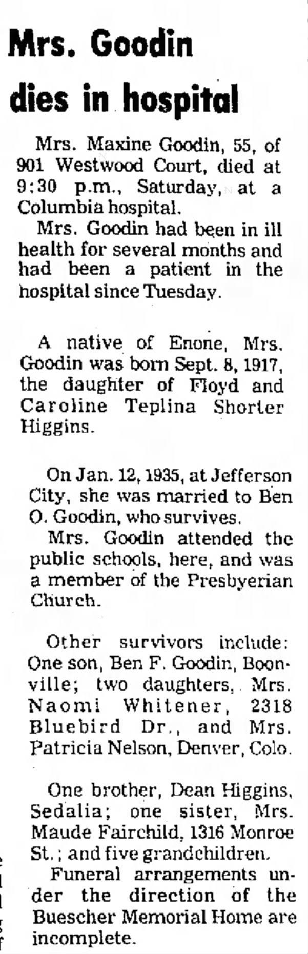 Maxine (Higgins) Goodin newspaper obituary
