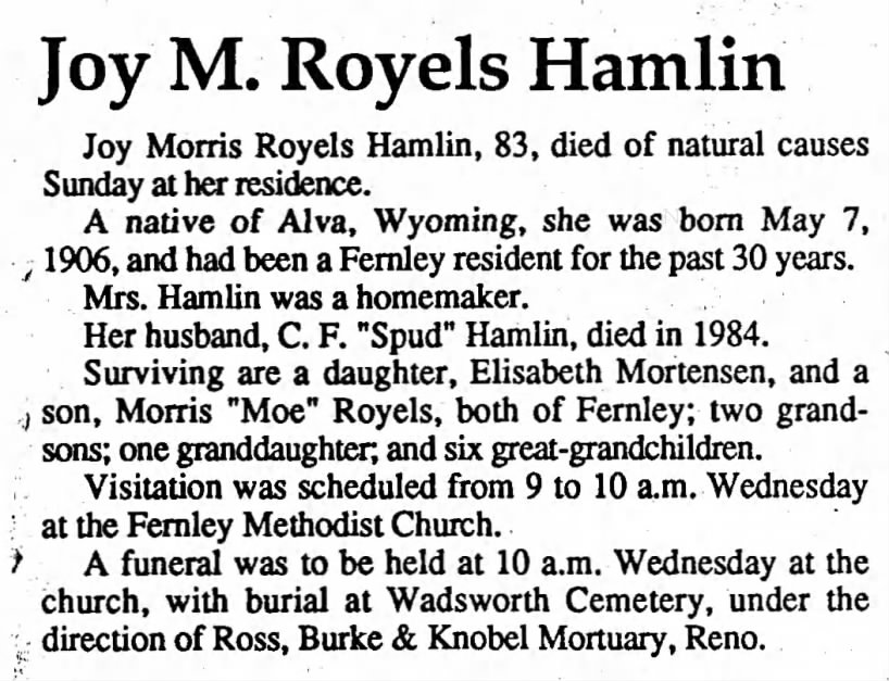 Joy M. Royels Hamlin obituary