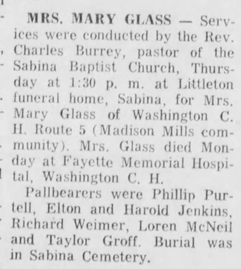 Mary Glass obituary (Elton and Harold Jenkins, pallbearers)