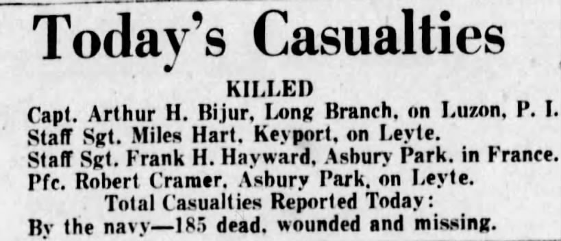 Today's Casualties: Pfc Robert Cramer, Asbury Park, NJ.