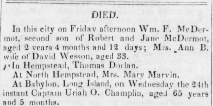 1837 May 29 Ann B Wesson dies aged 33