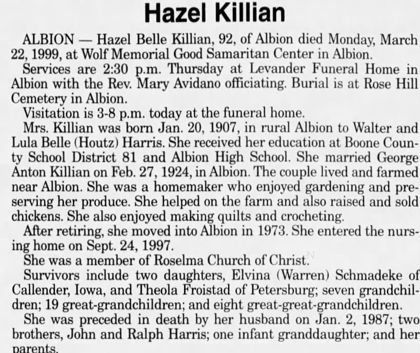 Obituary for Hazel Belle Killian, 1907-1999 (Aged 92)