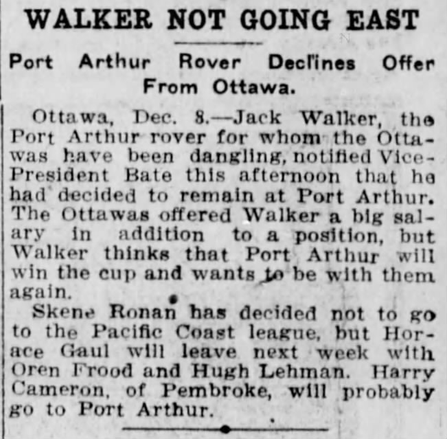 Walker not going east – Port Arthur Rover Declines Offer From Ottawa