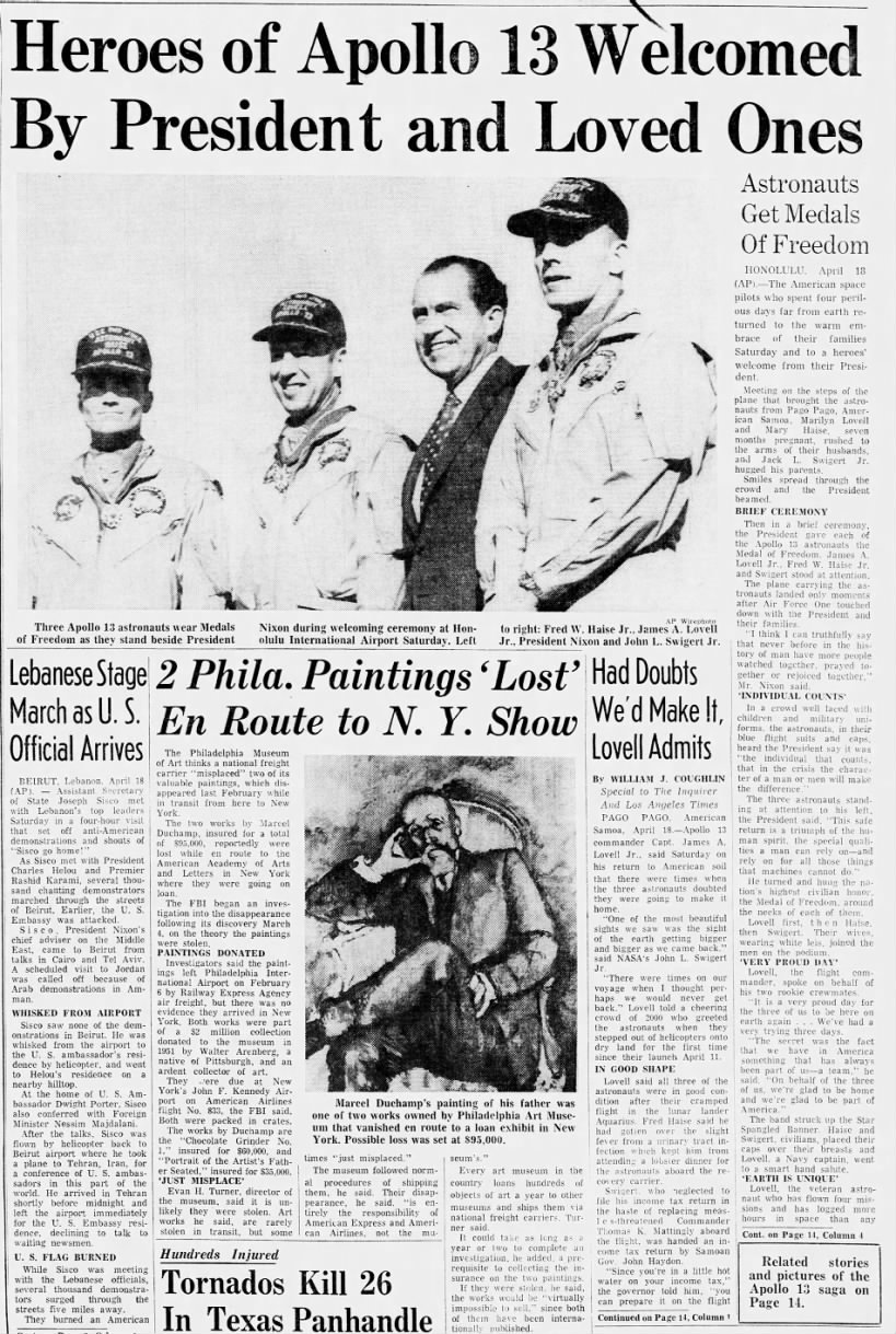 "Heroes of Apollo 13 Welcomed by President and Loved Ones" page 1