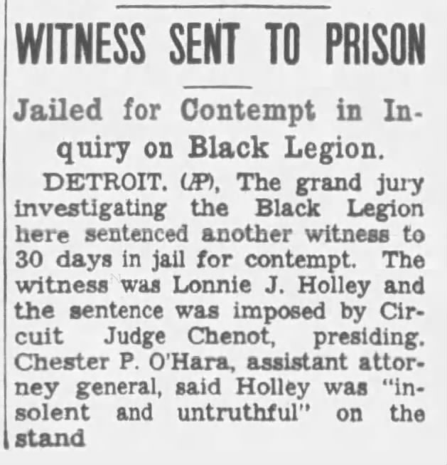 Lonnie J Holley gets jail for contempt in Black Legion trial. Nebraska paper.