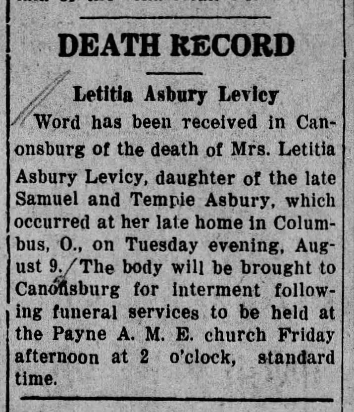 Asbury Letitia death 11 Aug 1932 TDN