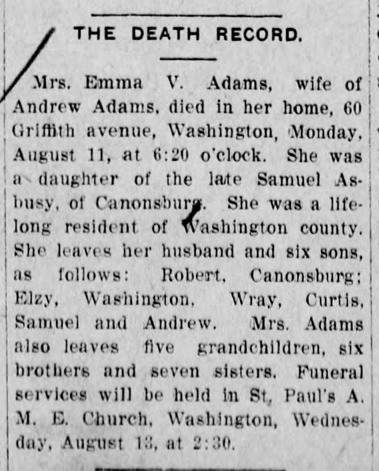 Asbury Emma Adams death 12 Aug 1913 TDN
