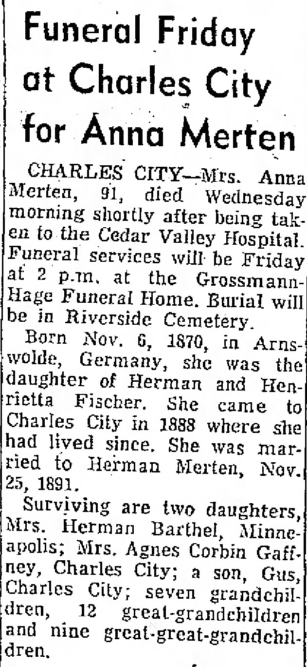 Anna Fischer Merten of Charles City, Iowa 1961 obituary
