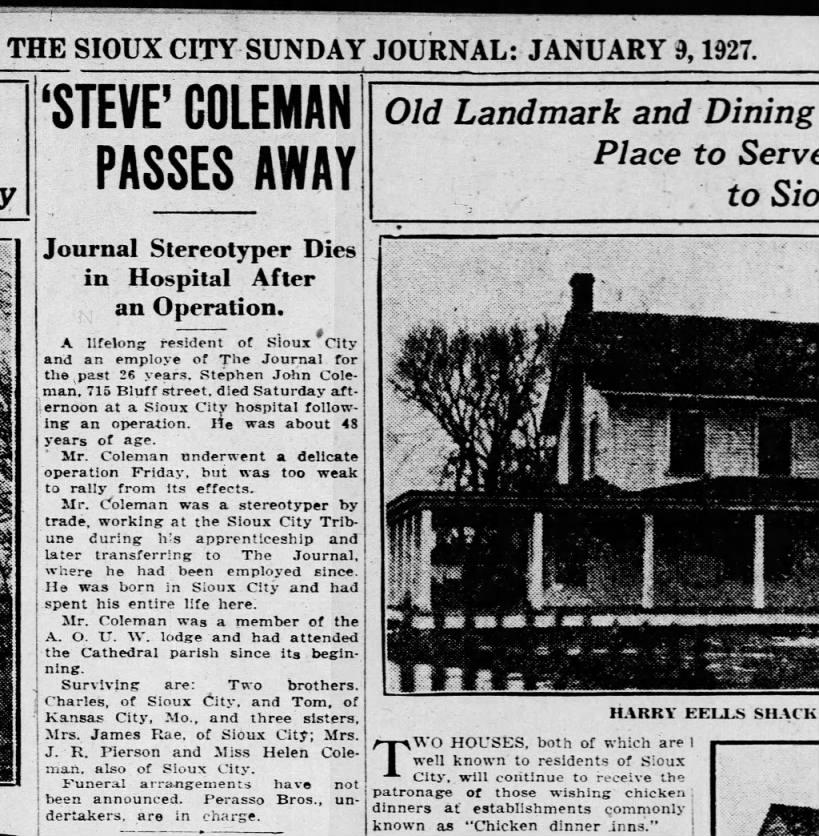 Steve Coleman passes away, Sioux City Journal, 1927 Jan 9, page 28