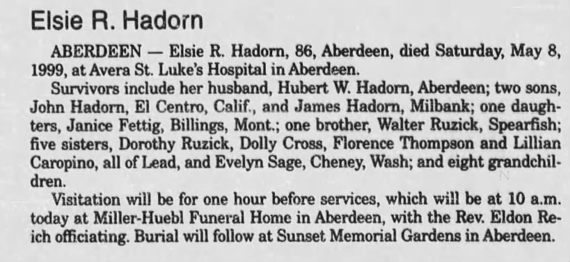 Obituary for Elsie R. Hadorn (Aged 86)