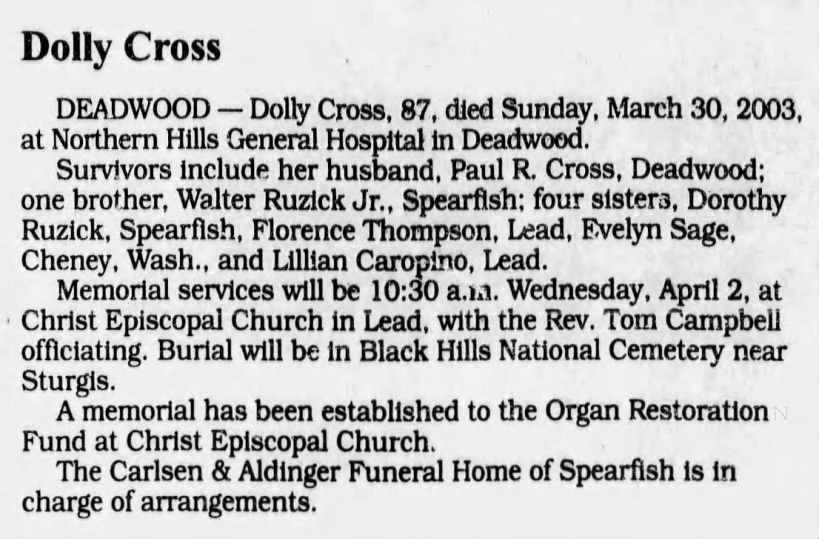 Obituary for Dolly Cross (Aged 87)