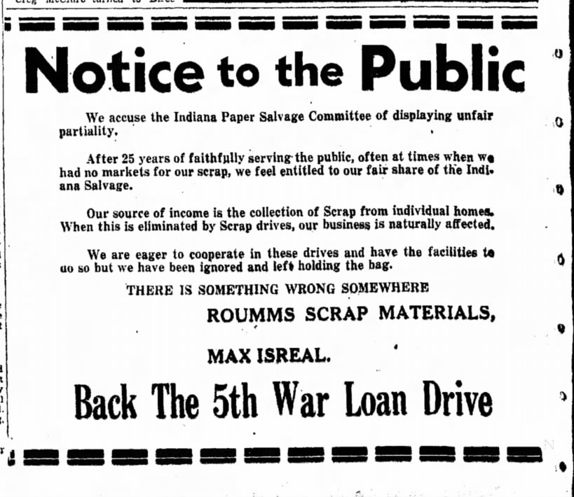 Roumm Scrap Materials, notice to the public re bias against them, 1944