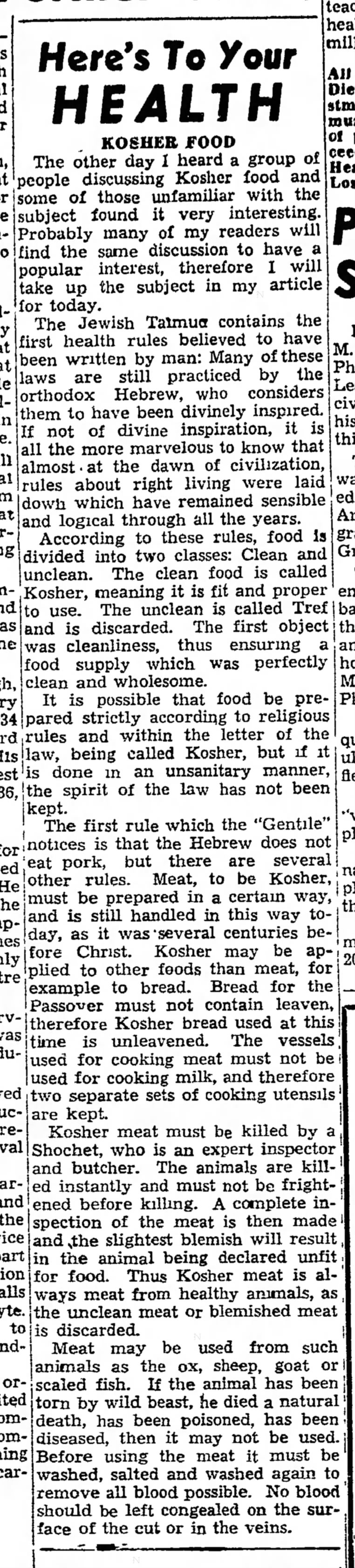 Kosher food, discussed in Indiana, PA column