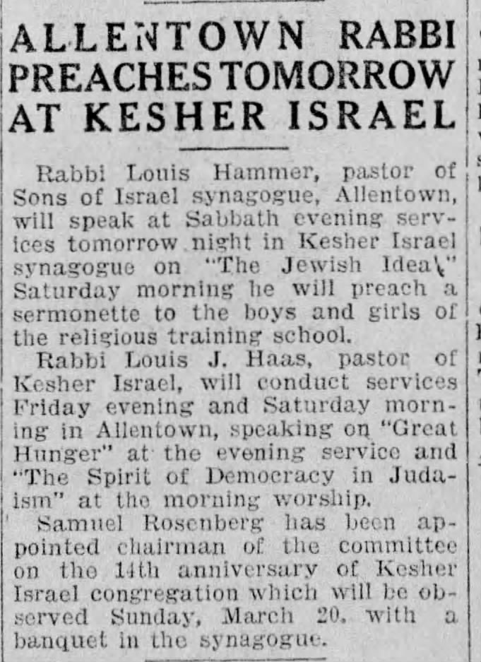 Allentown Rabbi (Louis Hammer) preaches in Reading, PA, 1927