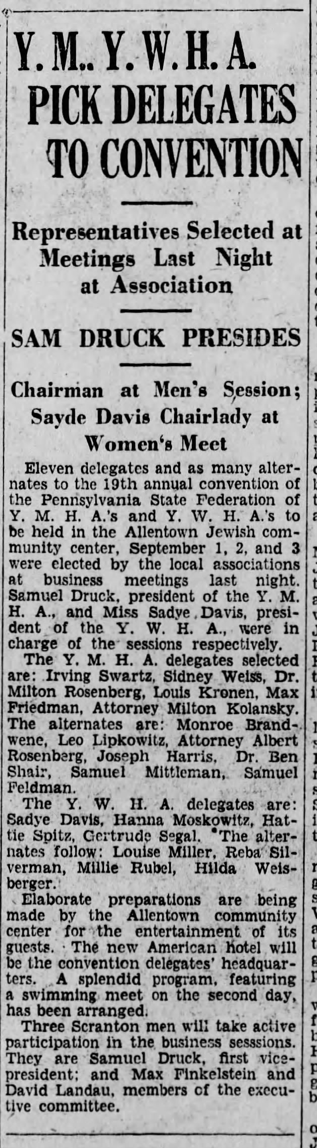 YMHA and YWHA to hold convention at Allentown Jewish Community Center, 1928