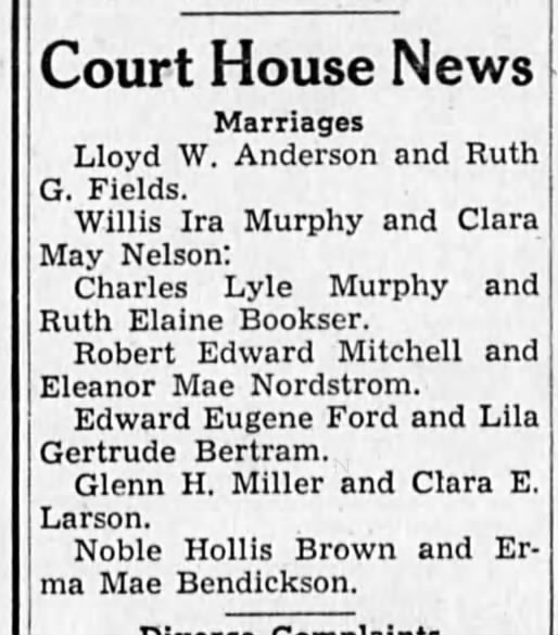 Charles Lyle Murphy Marraige Ruth Elaine Bookser Jul 25, 1945 Medford Oregon
