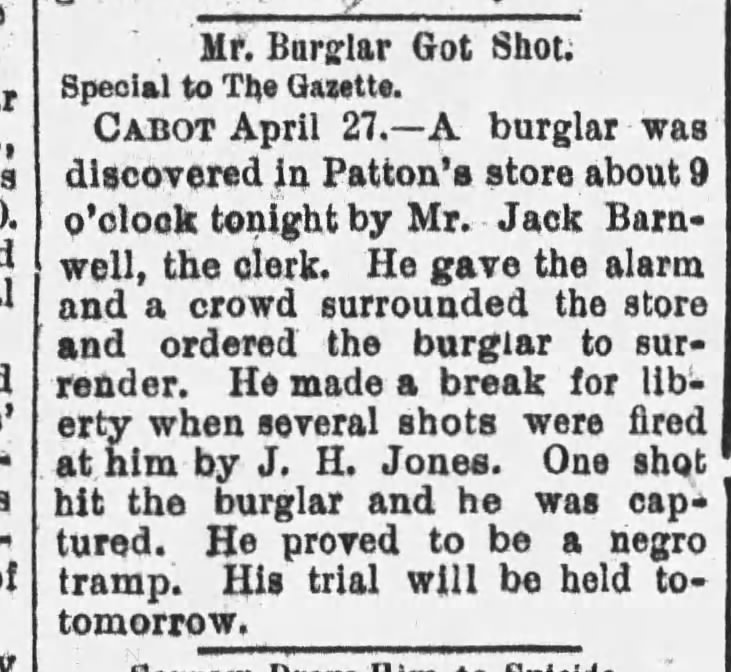 Burglar Discovered Patton's store 4 27 1893