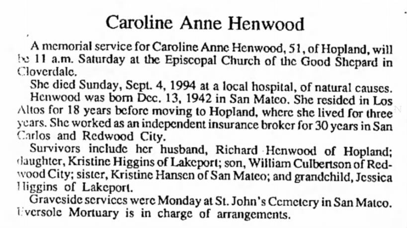 Obituary for Caroline Anne Henwood