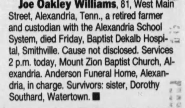 Williams, Joe Oakley
TN 24 March 1996