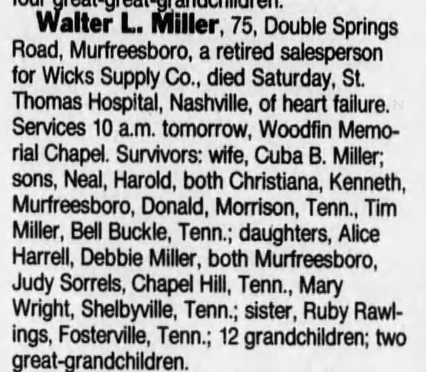 Miller, Walter obit.
The Tennessean 26 April 1999