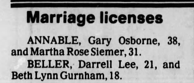 Beth Darrell Marriage License article