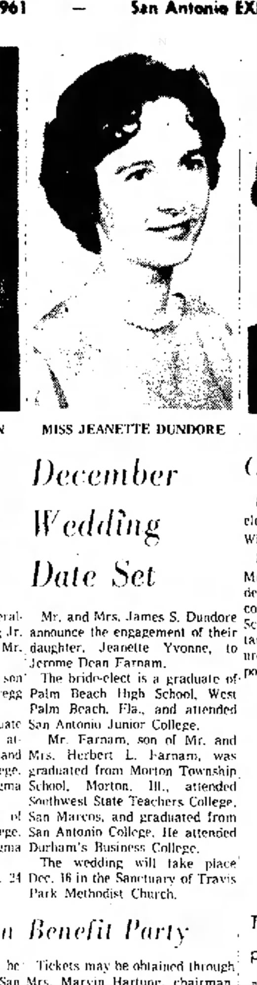 Wedding announcement Jerry Farnam Jeanette Dundore