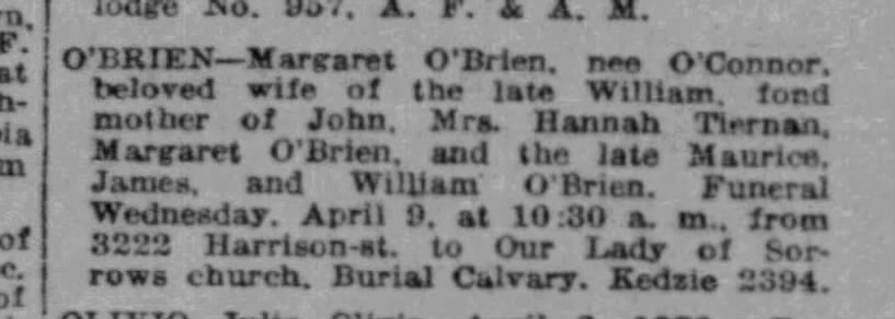 Margaret O'Brien Obituary (Maurice's Mom) - Chicago Tribune_DOD - April 6, 1930