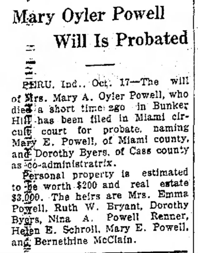 Mary Oyler Powell Will Probated