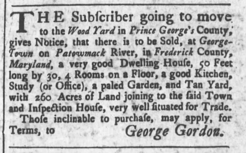 George moving to Wood Yard. Selling Potomac property.
