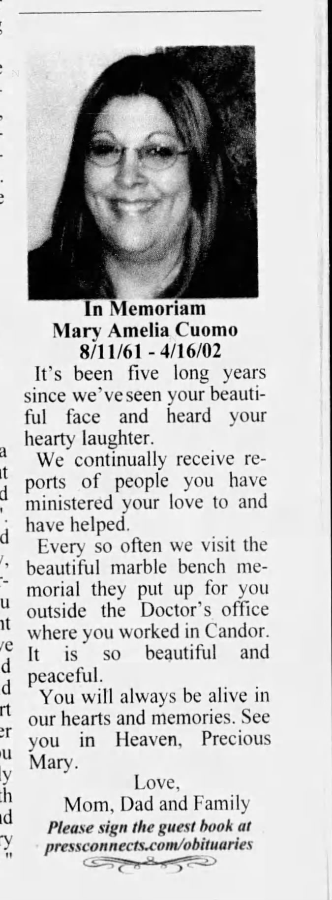 Memoriam to Mary Amelia Cuomo 
4-16-2002 / 4-16-2007  5 years