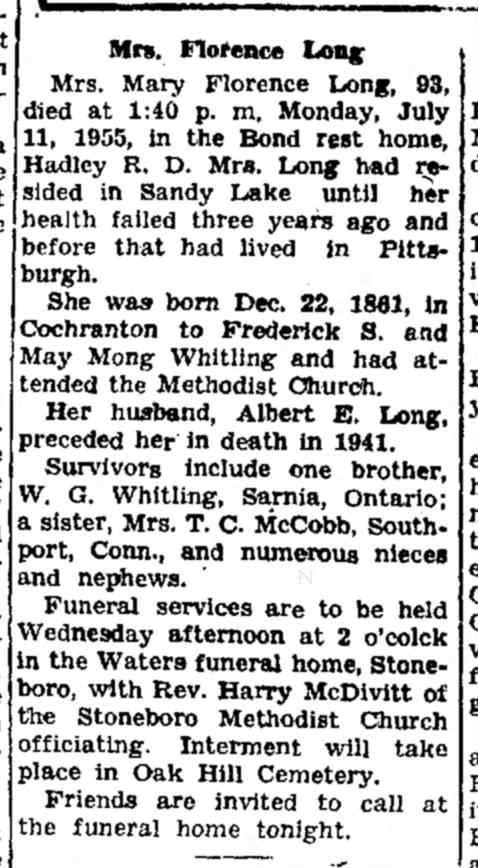 Obituary for Mary Florence Long_1955