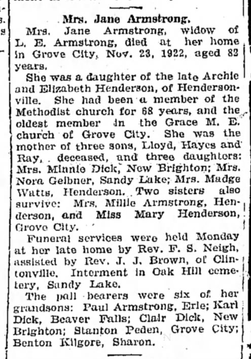Obituary for Margaret Jane Henderson Armstrong_1922