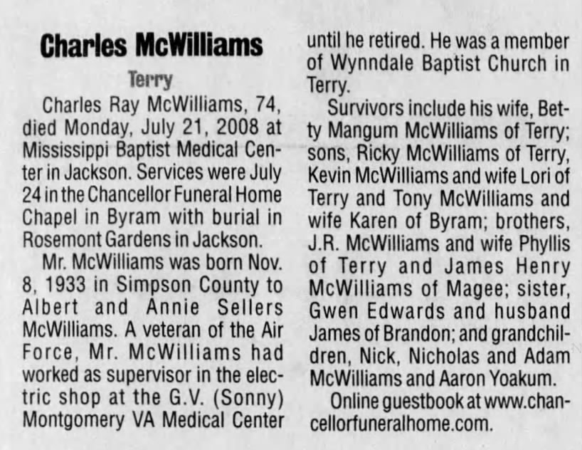 Obituary for Charles Ray McWilliams