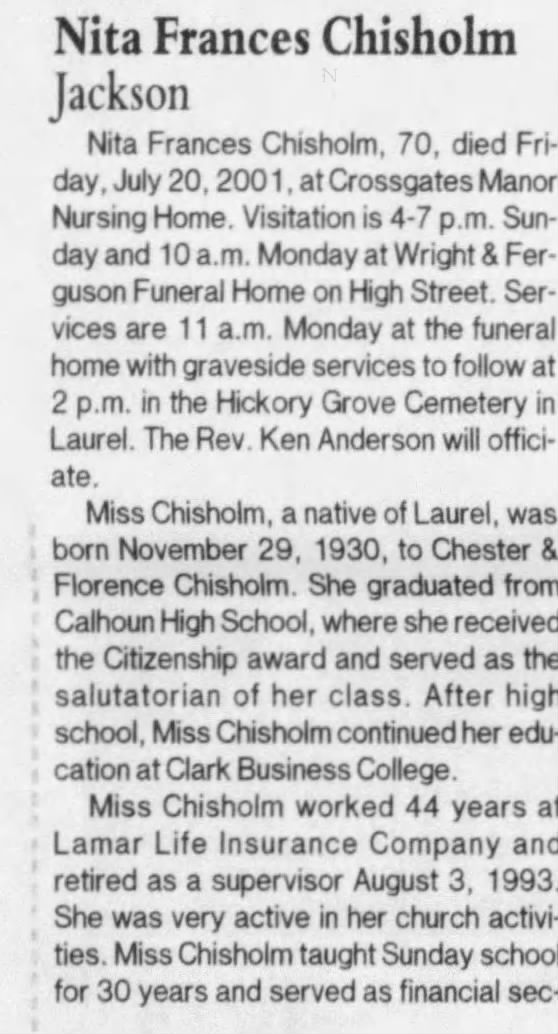 Obituary for Nita Frances Chisholm (Aged 70)
