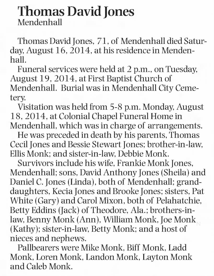 Obituary for Thomas David Jones