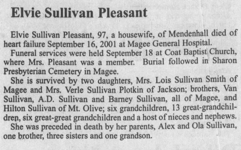 Obituary for Elvie Sullivan Pleasant