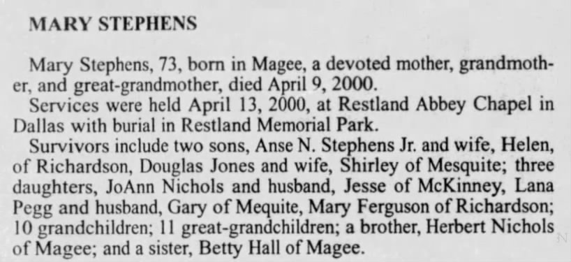 Obituary for Mary Elizabeth Nichols Stephens
