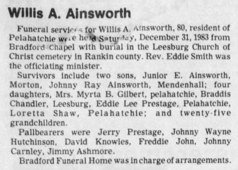 Obituary for Willis A Ainsworth