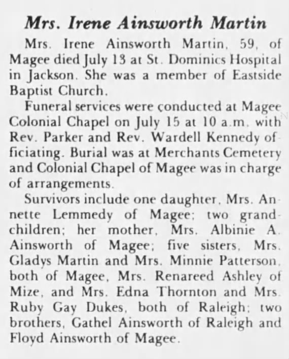 Obituary for Irene Ainsworth Martin