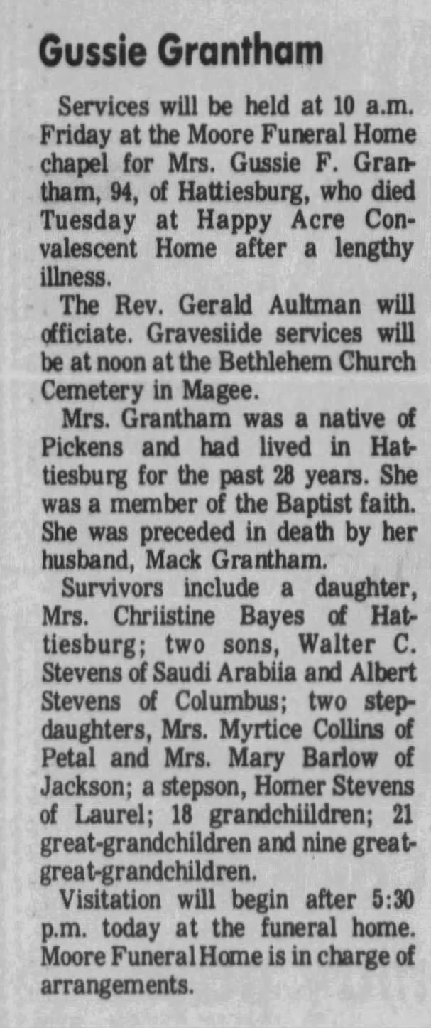 Obituary for Gussie F Brock Grantham (Aged 94)