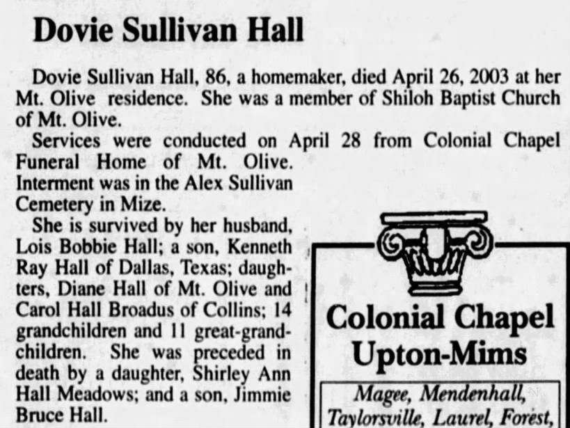 Obituary for Dovie Sullivan Hall