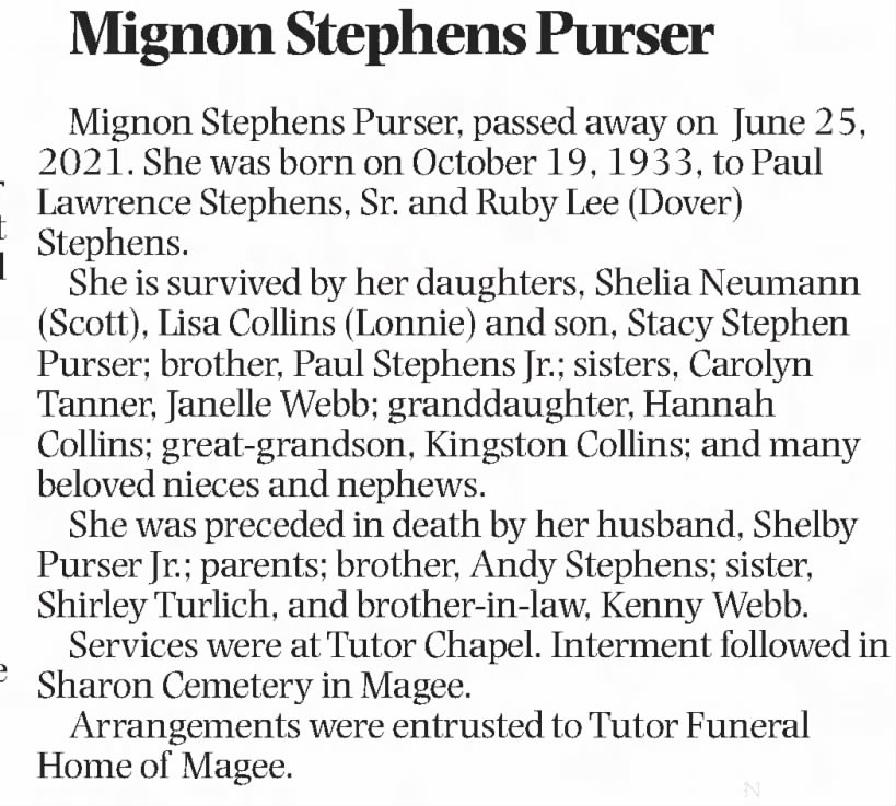 Obituary for Mignon Stephens Purser