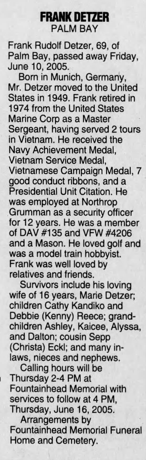 Obituary for Frank Rudolf DETZER (Aged 69)