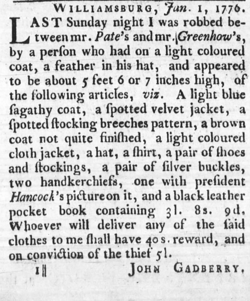 Robbery of John Gadberry's personal items.