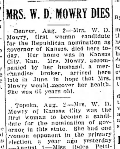 Mrs W D Mowry dies - Aug 2 1923.