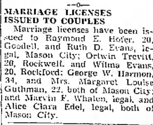 MC Globe Gazette. May 6, 1941.  George W. Harman and Margaret Louise Guthman marriage license.